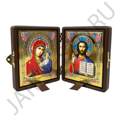 Складень "Спаситель - Казанская", коричневая экокожа, полиграфия; 12*14.Арт.СК-К-1214/кор