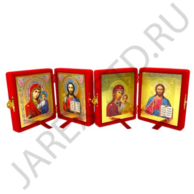 Складень "Спаситель - Казанская", флокированный красный, рамка багет, полиграфия; 12*14.Арт.СК-Ф-1214/кр