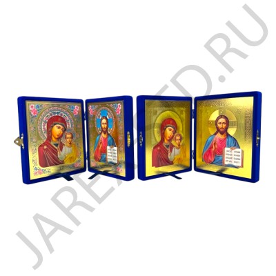 Складень "Спаситель - Казанская", синий бархат, рамка багет, полиграфия; 16*20.Арт.СК-Б-1620/син