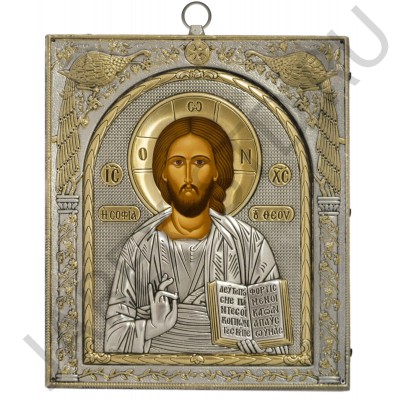 Икона "Спаситель", античная риза, металл, рамка мдф, напыление серебро&золото; 15*17.Арт.EP524-001XP
