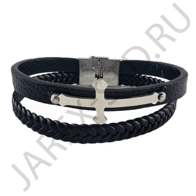 Браслет кожаный, двойной, металлический крест.Арт.БК-4208-3