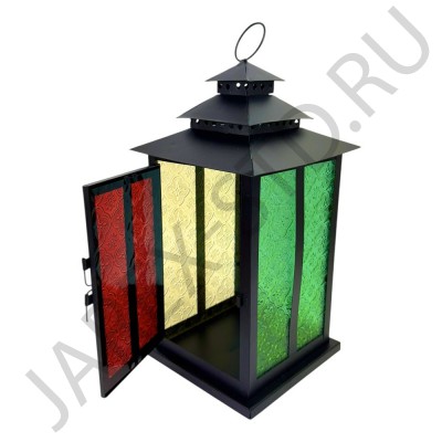 Фонарь-подсвечник, металл, витражное цветное стекло; h33.Арт.66015
