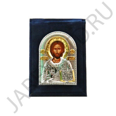 Икона дорожная "Спаситель", риза металл, складной бархатный чехол, напыление серебро&золото; 5*8.Арт.EP1-001WAG