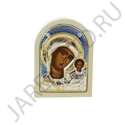 Икона "Казанская", арочная, риза металл, рамка светлый мдф, напыление серебро&золото&цветная эмаль; 4*6.Арт.И-ГР-1106WH-ОXB