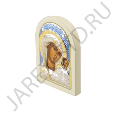 Икона "Казанская", арочная, риза металл, рамка светлый мдф, напыление серебро&золото&цветная эмаль; 4*6.Арт.И-ГР-1106WH-ОXB