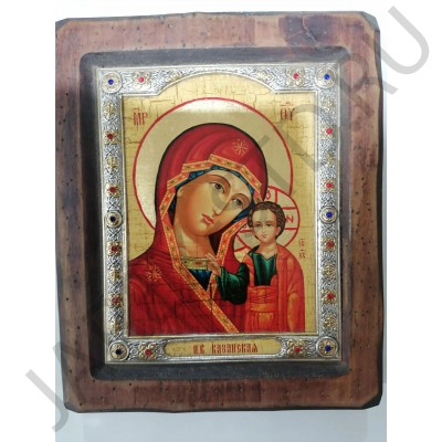 Икона «Казанская», дерево под старину, риза металл, стразы, 14,5×19 см