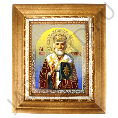 Икона «Николай Чудотворец» киот, светлая деревянная рамка, багет, полиграфия, 16×18,5 см
