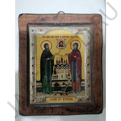 Икона «Петр и Феврония», дерево под старину, риза металл, стразы, 14,5×19 см