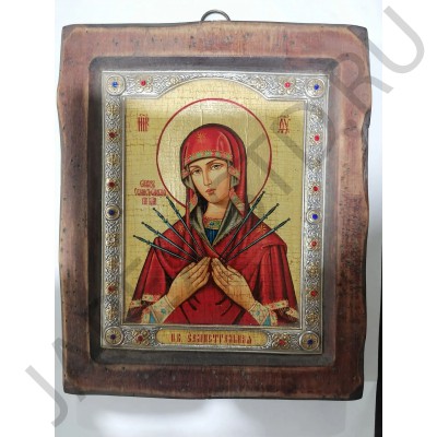 Икона «Семистрельная», дерево под старину, риза металл, стразы, 14,5×19 см