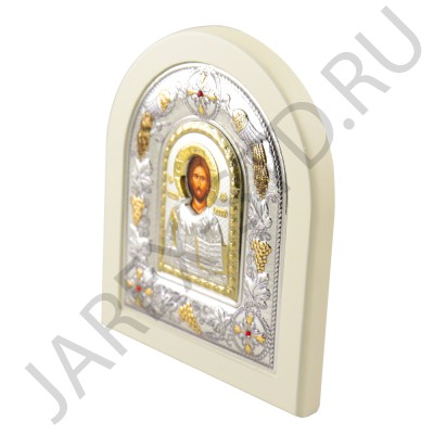 Икона "Спаситель", арочная, PVD, риза металл, рамка светлый мдф, напыление серебро&золото; 12*14.Арт.И-ГР-3107WH-DX