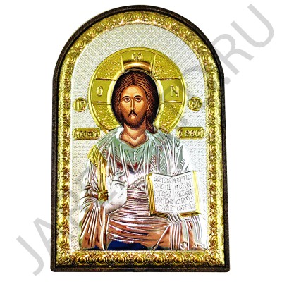 Икона "Спаситель", арочная, риза металл, рамка пластик, напыление серебро&золото&цв.эмаль; 10*14