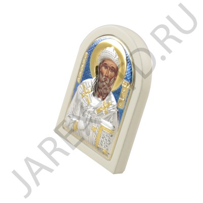 Икона "Спиридон Тримифунтский", арочная, риза металл, рамка светлый мдф, напыление серебро&золото&цветная эмаль; 4*6.Арт.И-ГР-1111WH-ОXB