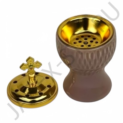 Кадильница, керамическая, крышка металл, цвет бежевый, h 13.Арт.ККМ-001