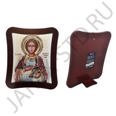 Икона "Пантелеймон", риза металл, фигурная рамка, напыление серебро&цветная эмаль; 21*25.Арт.И-ГР-932505033