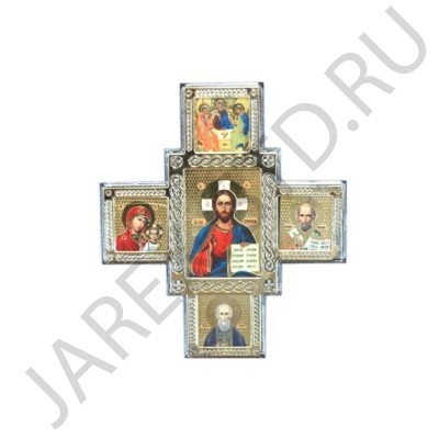 Автомобильный крест, пластик "Спаситель, Казанская, Николай Чудотворец, Сергий Радонежский, Троица", 9*10.Арт.И-П-12