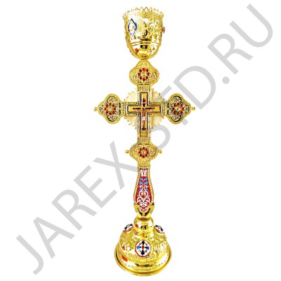 Лампада напрестольная "Крест",  золочение, эмаль, цинковый сплав, камни; h46.Арт.ЛН-220