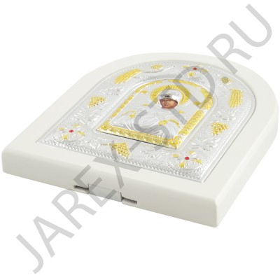 Икона "Семистрельная", арочная, PVD, риза металл, рамка светлый мдф, напыление серебро&золото; 12*14.Арт.И-ГР-3114WH-DX