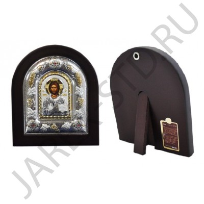 Икона "Спаситель", арочная, PVD, риза металл, рамка тёмный мдф, напыление серебро&золото; 12*14.Арт.И-ГР-3107DX