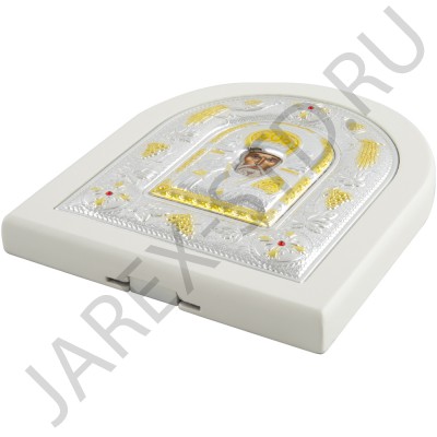 Икона "Николай Чудотворец", арочная, PVD, риза металл, рамка светлый мдф, напыление серебро&золото; 12*14.Арт.И-ГР-3108WH-DX