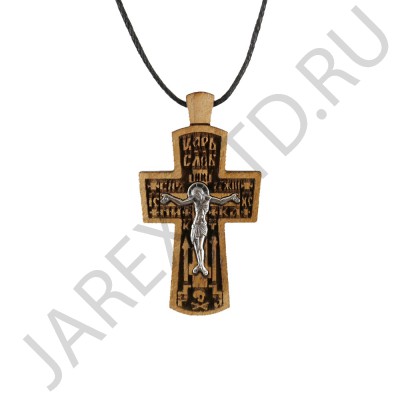 Православный нательный крест на гайтане, мельхиор с серебром, дерево граб; h4,5.Арт.ГН-003