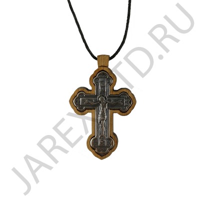 Православный нательный крест на гайтане, мельхиор с серебром, дерево граб; h4,5.Арт.ГР-002