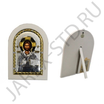Икона "Спаситель", арочная, риза металл, рамка светлый мдф, напыление серебро&золото; 10*14.Арт.И-ГР-1107WH-DX
