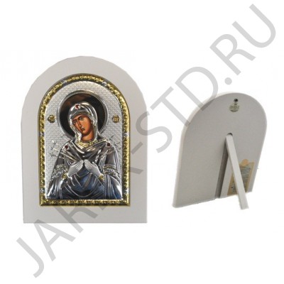 Икона "Семистрельная", арочная, риза металл, рамка светлый мдф, напыление серебро&золото; 15*21.Арт.И-ГР-1114WH-BX