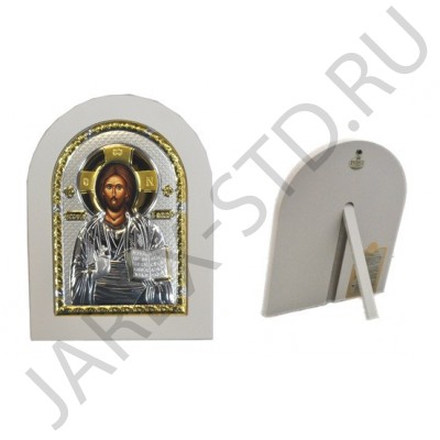 Икона "Спаситель", арочная, риза металл, рамка светлый мдф, напыление серебро&золото; 15*21.Арт.И-ГР-1107WH-BX