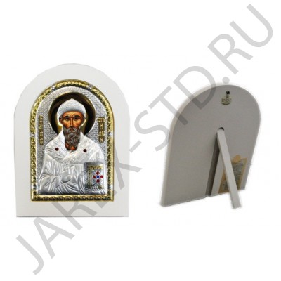 Икона "Спиридон Тримифунтский", арочная, риза металл, рамка светлый мдф, напыление серебро&золото; 15*21.Арт.И-ГР-1111WH-BX