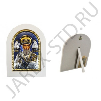 Икона "Николай Чудотворец", арочная, риза металл, рамка светлый мдф; напыление серебро&золото&цветная эмаль; 15*21.Арт.И-ГР-1108WH-BXB
