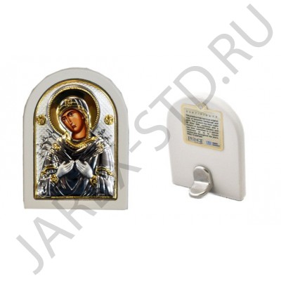 Икона "Семистрельная", арочная, риза металл, рамка светлый мдф, напыление серебро&золото; 4*6.Арт.И-ГР-1114WH-ОX