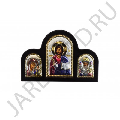 Триптих "Спаситель - Казанская - Николай Чудотворец", рамка дерево, риза металл, напыление серебро&золото&цветная эмаль; 14*21.Арт.И-ГР-1350-17XС