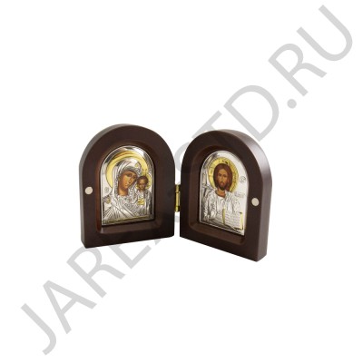 Складень "Спаситель-Казанская", арочный, риза металл, замок, напыление серебро&золото; 6,5*8,2.Арт.EK1-004DG