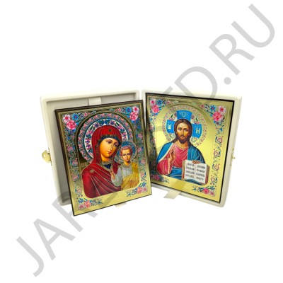 Складень "Спаситель - Казанская", белая экокожа, полиграфия; 16*20.Арт.СК-К-1620/бел