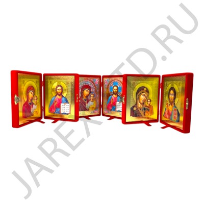 Складень "Спаситель - Казанская", флокированный красный, рамка багет, полиграфия; 16*20.Арт.СК-Ф-1620/кр