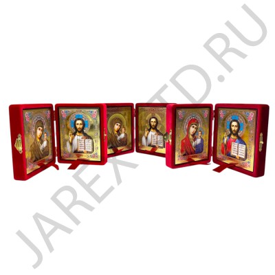 Складень "Спаситель - Казанская", красный бархат, рамка багет, полиграфия; 12*14.Арт.СК-Б-1214/кр