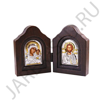 Складень "Спаситель-Казанская", рамка дерево, риза металл, напыление серебро&золото; 7,5*9,8.Арт.BP1-004DG/P