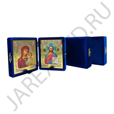 Складень "Спаситель - Казанская", синий бархат, рамка багет, полиграфия; 12*14.Арт.СК-Б-1214/син